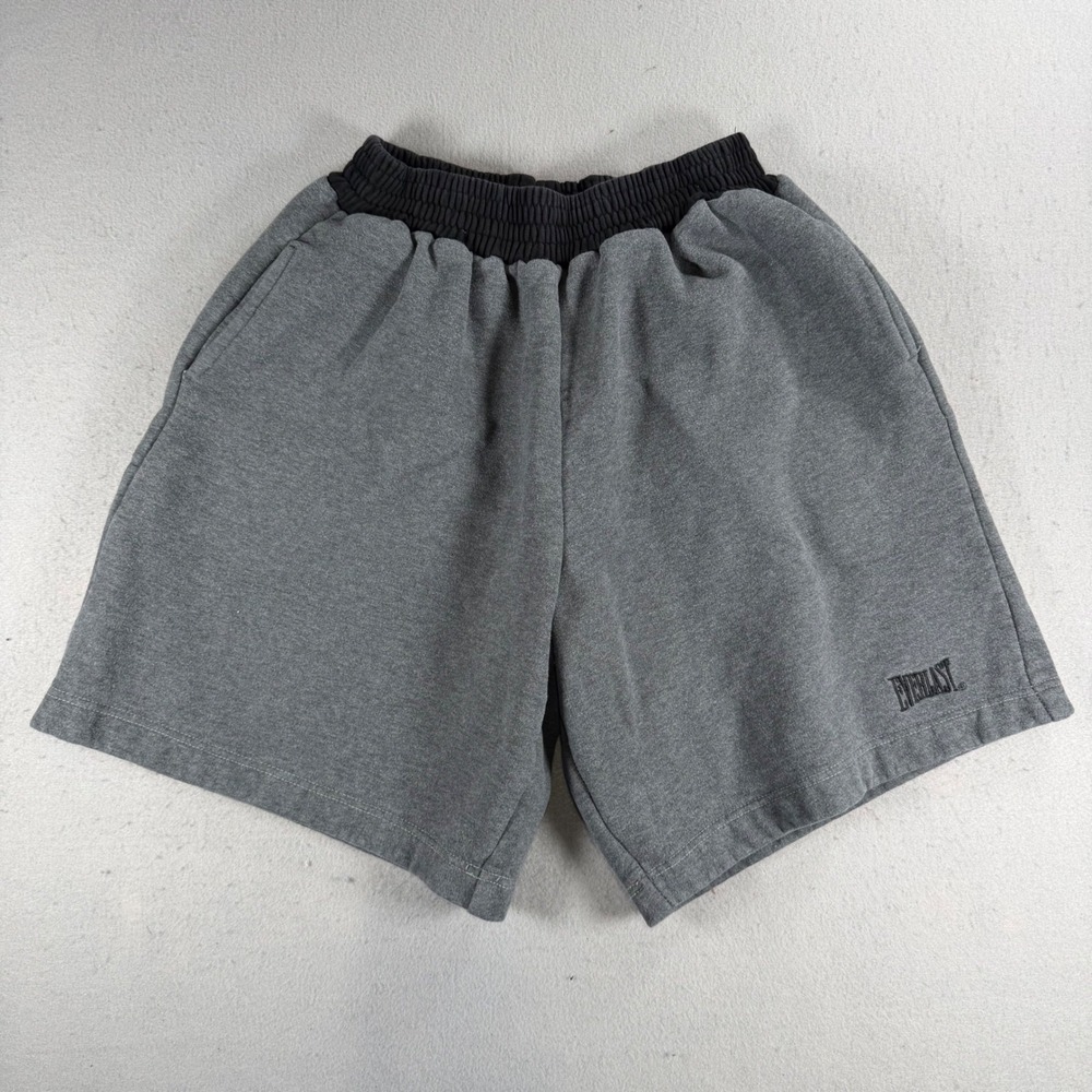 VTG Everlast Mens Fleece Gym Shorts Gray Black Elastic Waist Athletic Training L